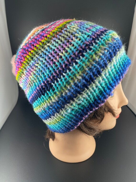 One of a Kind, Cold Weather, Hand Knit Hat- Rainbow Pattern 