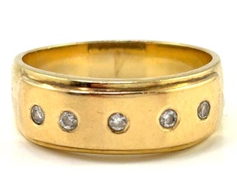 Anillo vintage de oro amarillo de 18 quilates con diamantes naturales, 7 mm de ancho