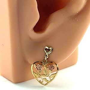 10K Heart Shaped Earrings with Flower and Vines Design, yellow and rose gold