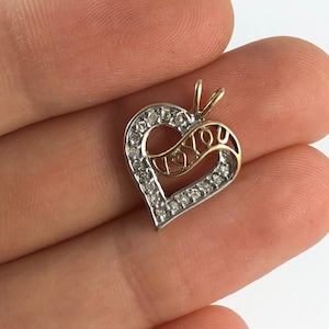 10K Diamond “I love you” heart charm or pendant, 17 round  diamonds, 0.10 ct, love charm, vintage