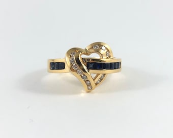 14K diamond and sapphire, yellow gold heart Ring with 12  diamonds and 9 sapphires, knotted heart ring, size 7, vintage