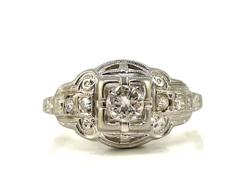 18K Diamond Antique Ring, white gold filigree, size 5