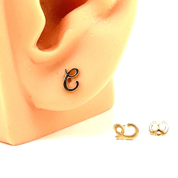 14K cursive initial C stud earrings, petite