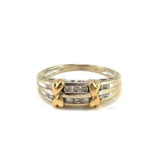 10K Diamond, white and yellow gold ring, channel set diamonds, size 6 1/2