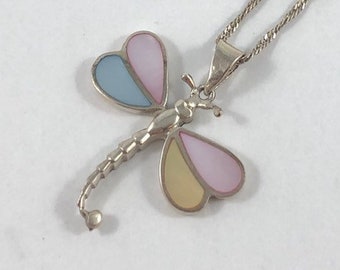 Sterling Silver Dragonfly pendant on sterling silver 19 inch chain, pastel colors, vintage.