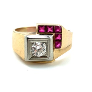 14K Diamond and Ruby statement ring, art deco, yellow and white gold, size 14 1/4