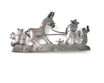 Vintage Sterling Silver cowboy and donkey scene Brooch,