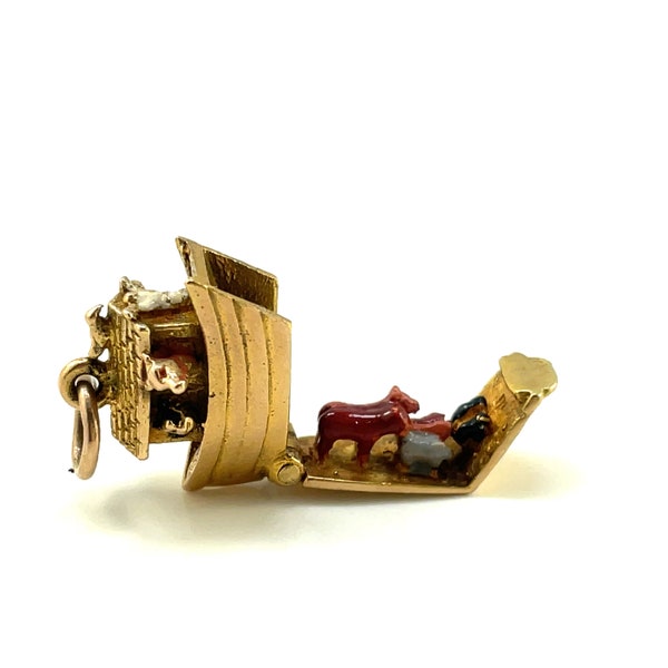 9K Gold Noah’s Ark Mechanical charm, yellow gold and enamel, hallmarked, English, antique