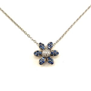 14K Sapphire and Diamond Flower necklace, 16 1/4 inches, white gold