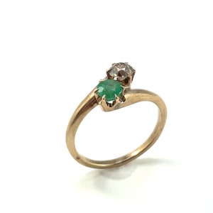 10K Estate Emerald and Diamond Moi Et Toi, two stone ring, size 7 3/4