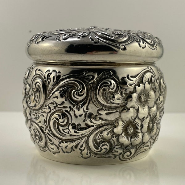 Antique sterling repousse dresser jar, gilt interior, art nouveau