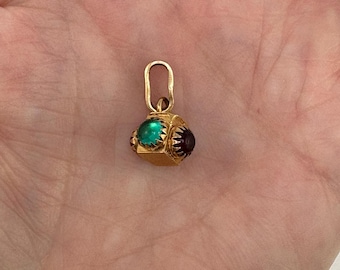 Vintage 18K Gold Cube Charm: Red & Green Cabochon Gems