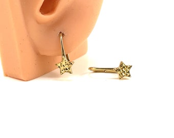 10K sparkly star hanging earrings, solid yellow gold