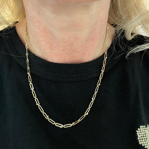 10K rectangular link necklace, 17 inches long, 10K yellow gold with pink, yellow and white gold sparkly ball bead accents, 17 inches