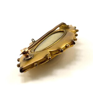May include: A gold-toned brooch with a cameo-style oval portrait in the center. The brooch is decorated with a floral design and has a pin on the back.