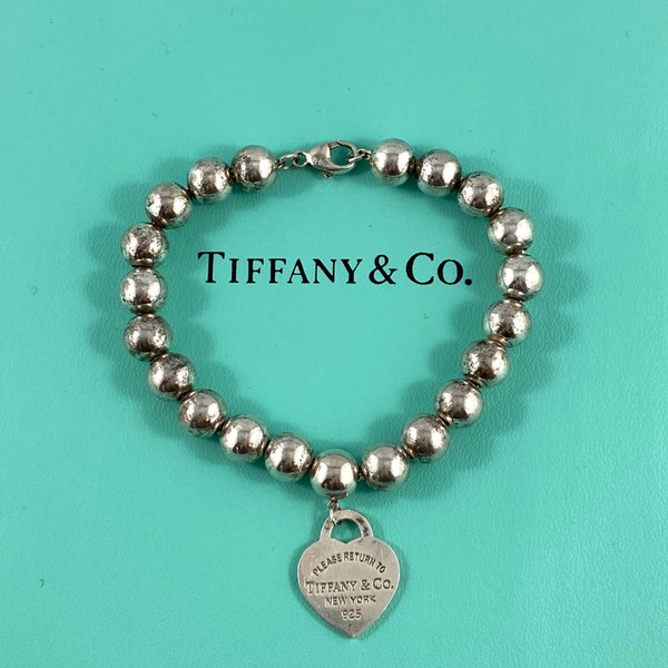 Tiffany & Co. Sterling silver, Tiffany Hardware, Return to Tiffany, heart tag bracelet, 8 mm balls, sterling ball bead bracelet, 7 1/4 inch
