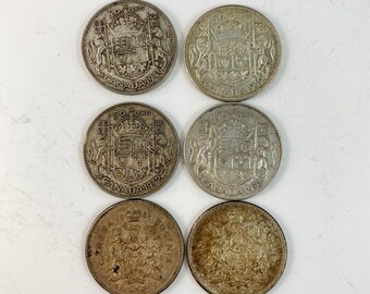 GREAT VALUE-1946-1964 group of six Candian 50 cent coins, you will get all 6 coins, half dollar, silver, Canada silver coin