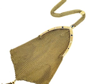 14K Antique Diamond and Sapphire Gold Mesh Purse, 14K solid yellow gold, Art Deco in excellent condition