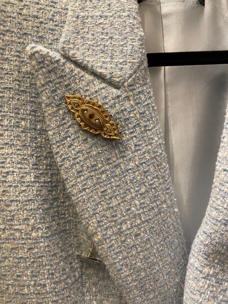 May include: A light blue blazer with a white and light blue patterned design. A gold brooch with red and white stones is pinned to the lapel.