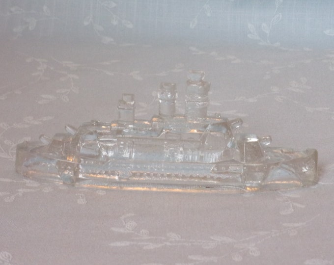 Featured listing image: 1970s Figural Glass Candy Container. Vintage Miniature Toy Battleship with Stern Divider Slightly Rounded. Gift for Grandparent. Ucfc ea97r