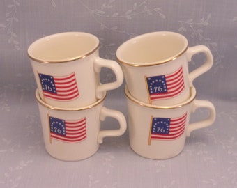 4 Patriotic Vintage Mugs with 13 Stars & Stripes on American Flag and Gold Rim for 1976 USA Bicentennial Holiday. Vintage Hunter Gift. sjwao