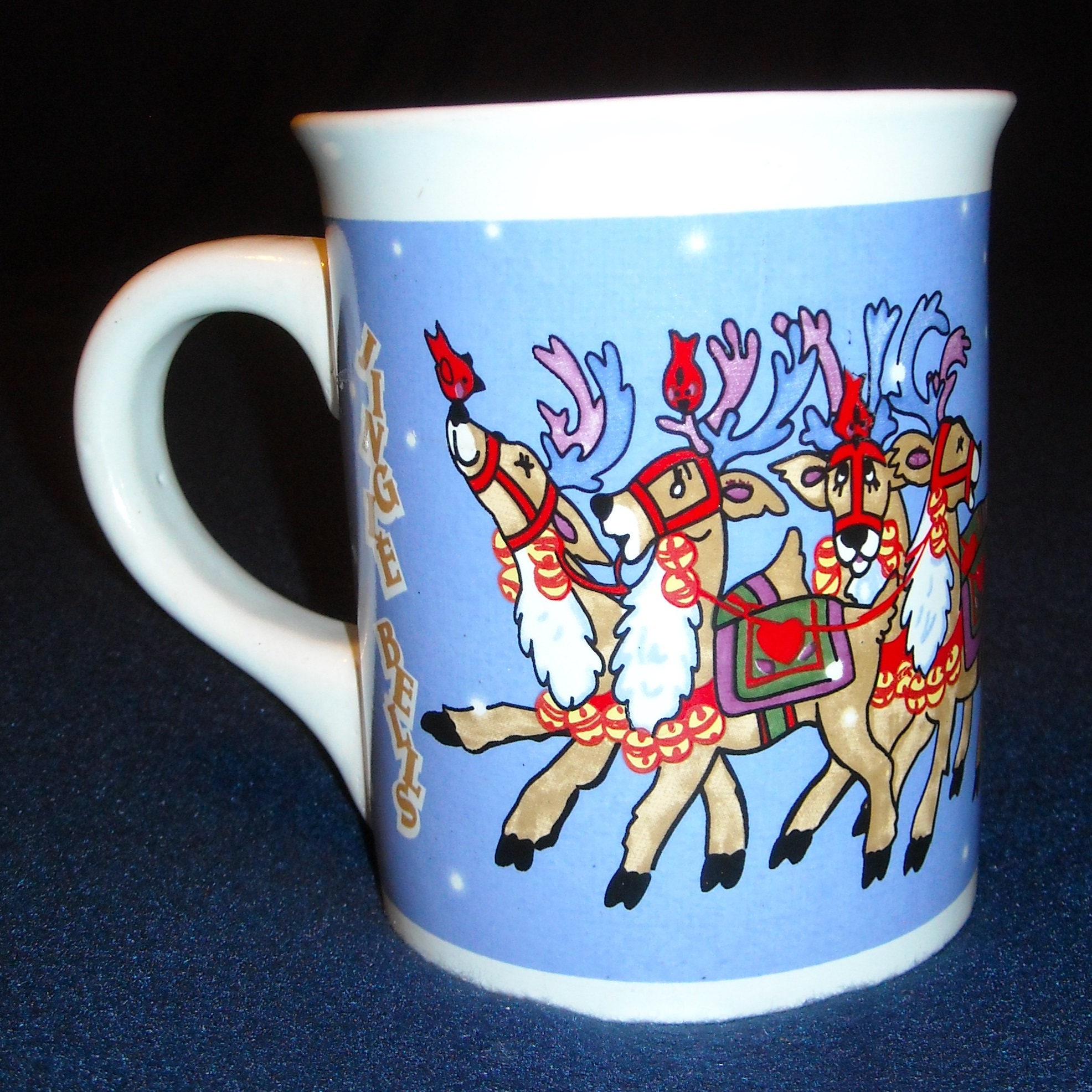 Christmas Mug. Vintage Novelty Cup with Santa Claus in Sleigh, Rudolph ...