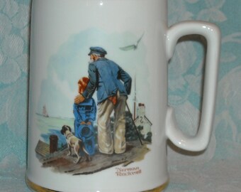 1985 Norman Rockwell Museum Stein. Vintage Nautical Waves Porcelain Mug w 24K Gold. Seafarer’s Collection Cup. Looking Out to Sea. pj3au