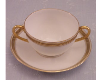 Antique Pickard ChinaPorcelain Cream Soup Cup & Saucer Set in Geometric Gold Pattern w 2 Handles on the Bowl. Cool Gift. Set C. sjkbo