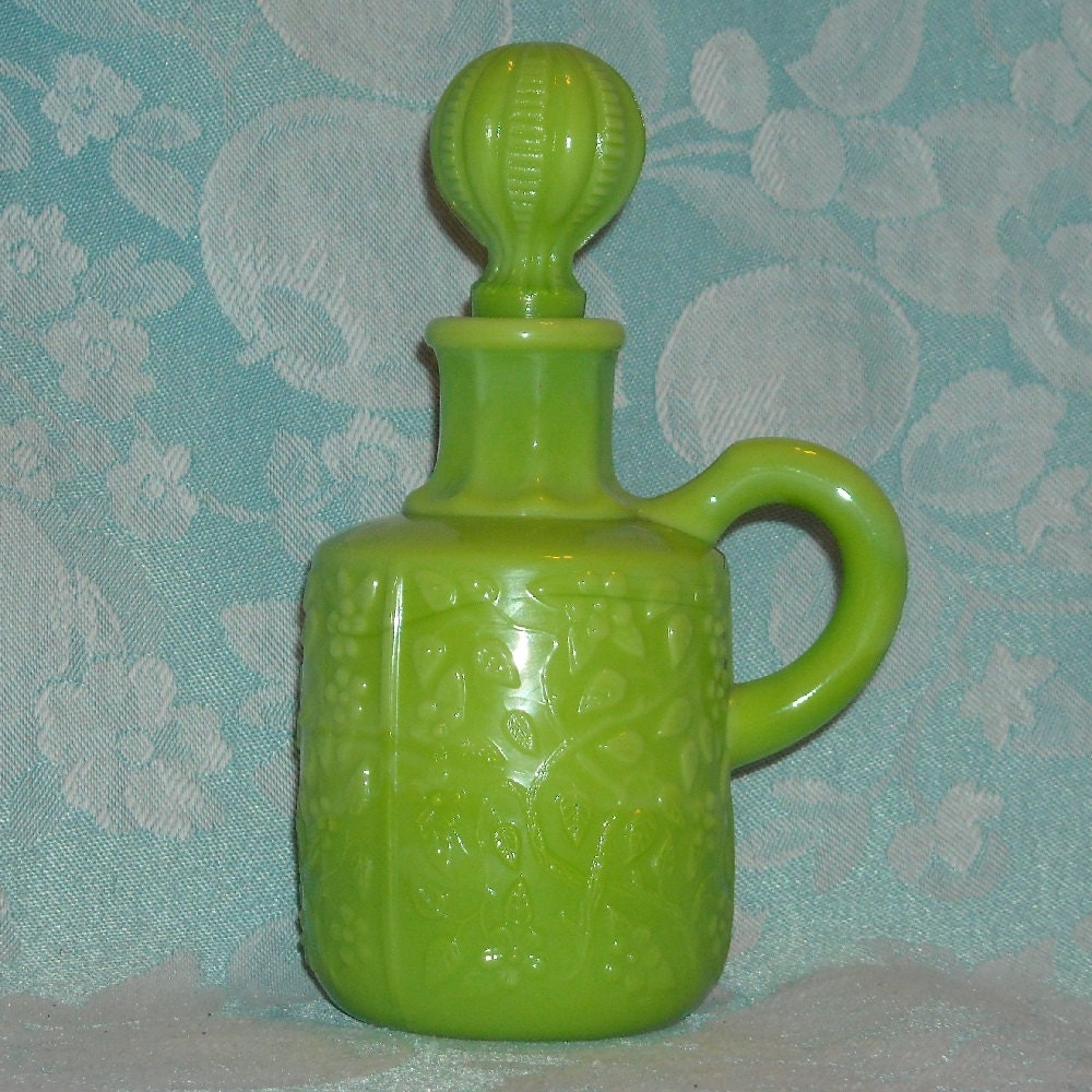 Green Milk Glass Small Antique Cruet. Rare Victorian Opaque Challinor