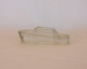 Vintage Figural Pressed Glass Candy Container. 1970s Shackman Toy Boat Model Cruiser w Raised Anchor on Deck. Gift for Collector. vidc ea98