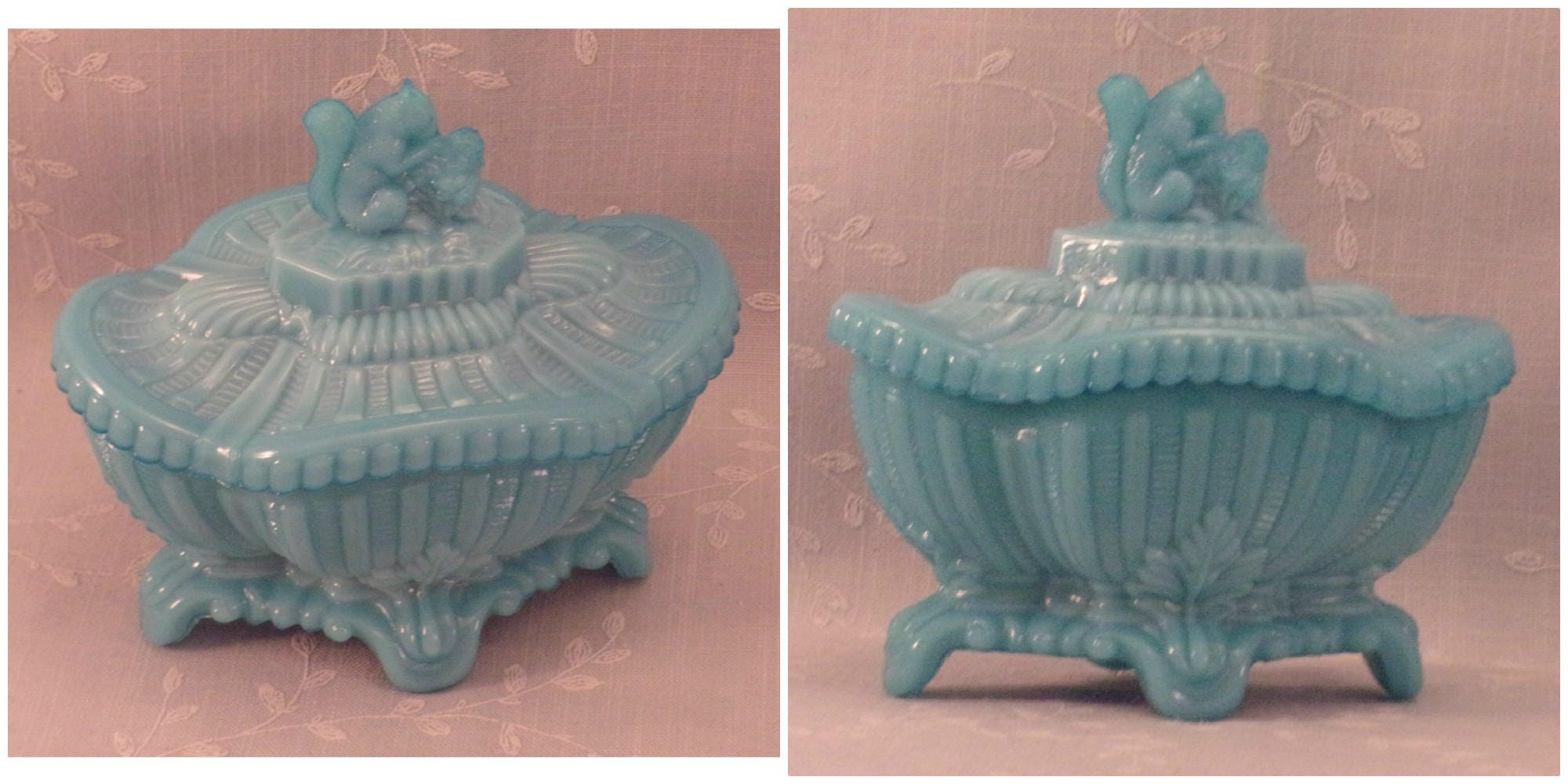 Portieux Vallerysthal Blue Milk Glass Squirrel Candy Dish w Lid. Rcba