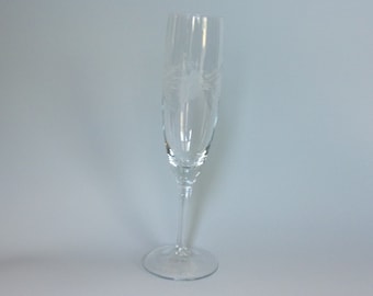 Fluted Vintage Champagne Glass. Clear Crystal w Gray Etched 12 Petal Flower & Leaf Design Repeated 3 Times w Burst Air Bubble on Rim. Viaa