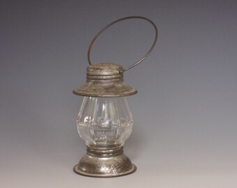 1942 Figural Clear Glass Candy Container. Vintage Avor Victory VG Co # 2 Toy Railroad Lantern w Metal Cap, Reflector, & Bail.  Vkfc ea443