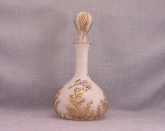 Milk Glass Antique Vanity Decanter w Stopper. Mt Washington Cologne Dresser Bottle w Swirled Base & Leaf Design. Vintage Gift. rLna