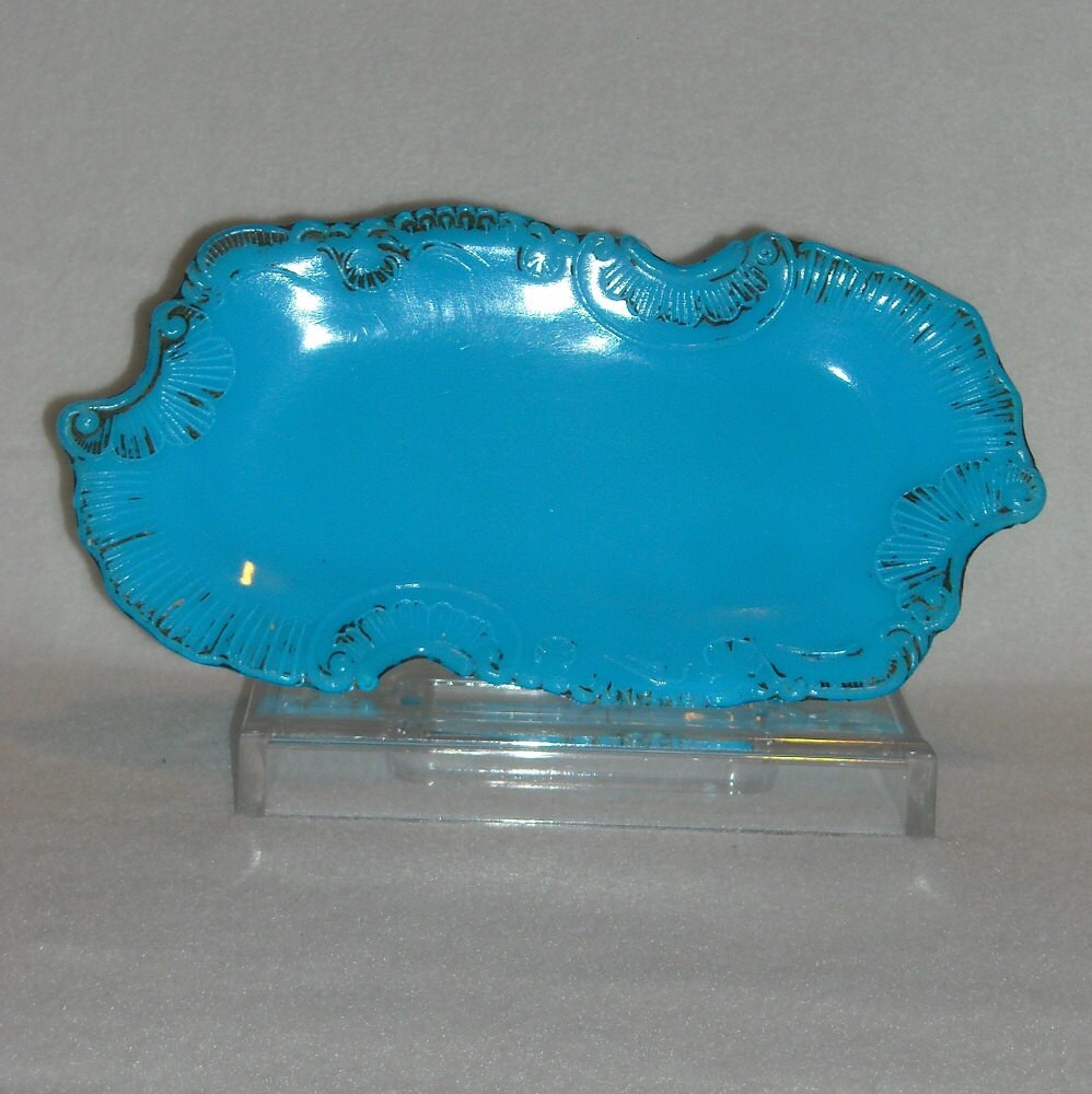 Antique Dithridge Turquoise Blue Milk Glass Vanity Pin Tray. Okce