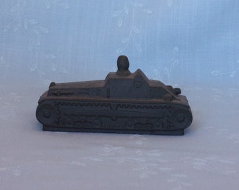 Scarce 1940s Glass Candy Container. Vintage OD Green Man in Turret Miniature War Tank Toy w Victory & Avor Marks. Unique Gift. Ufka ea722