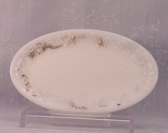Milk Glass Antique Vanity Tray. Oval Opaline Victorian Dresser Pin or Ring Dish w Scroll, Beading, Fleur de Lis, & Fan Embossed Rim. Rcfb