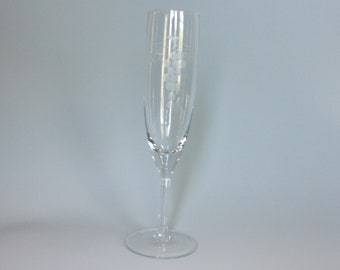 Vintage Fluted Champagne Glass. Clear Cyrstal w Gray Etched Grapes & Vine Repeated 3 Times w Burst Air Bubble Flea Bite on Rim. Gift. Vh3d