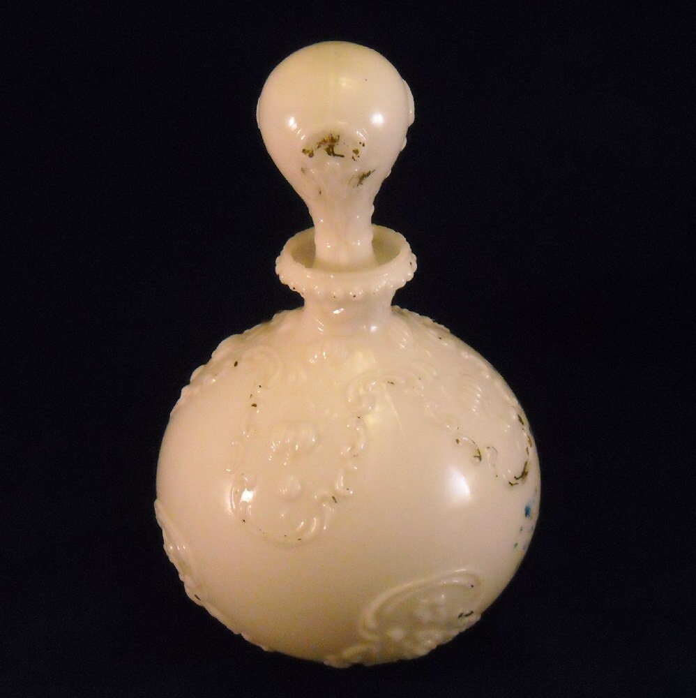 Opal Milk Glass Antique Vanity Decanter. Victorian Gillinder Opaline Dresser, Perfume, or Barber