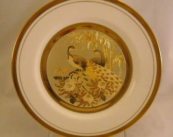 The Art of Chokin Vintage Plate. Rare 10 + Inch Japanese Dish w Peacock Pair, 3 Flowers, Bamboo, 24 KT Gold, & Bone China Porcelain. qdma