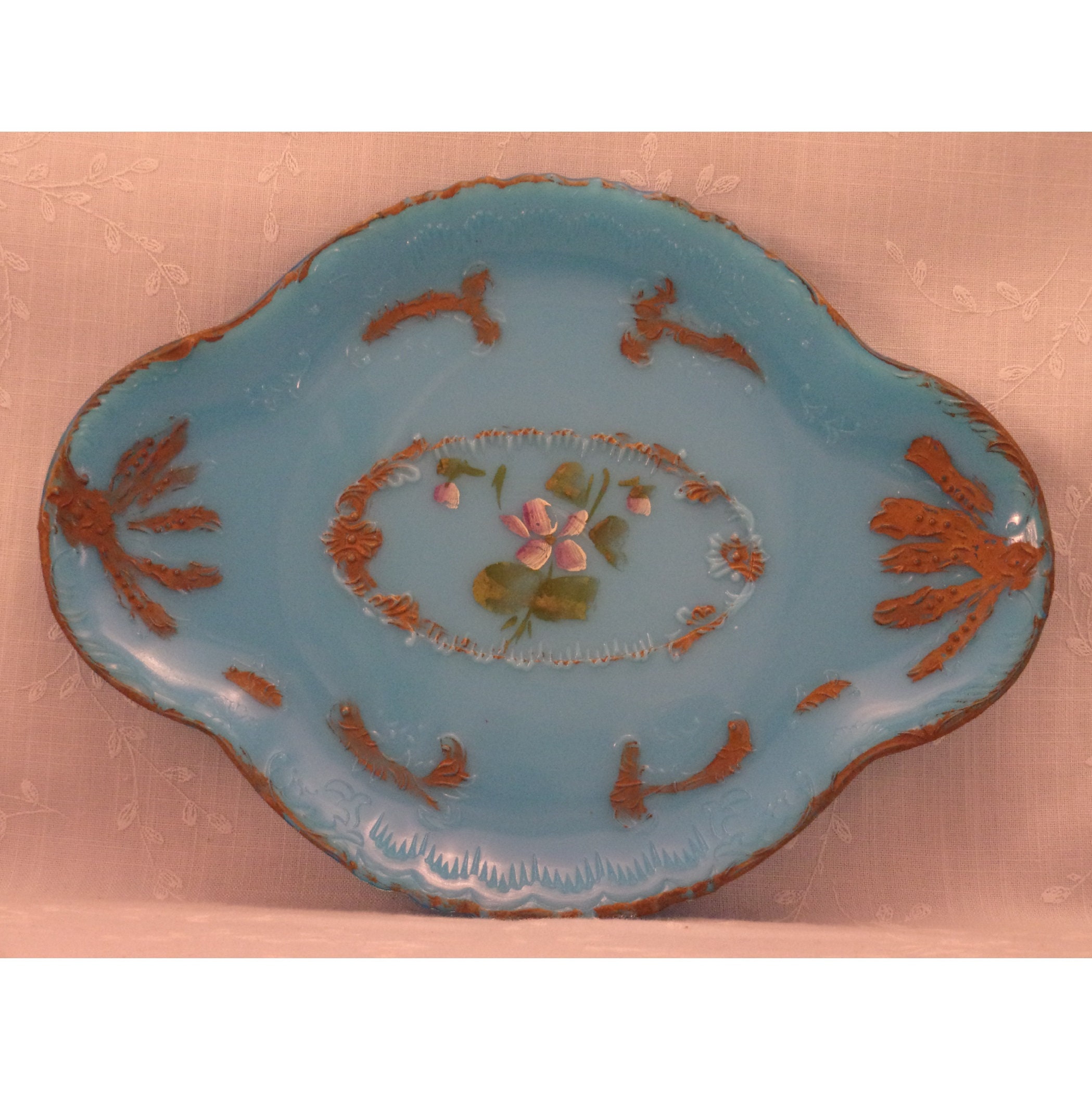 Antique Turquoise Blue Milk Glass Dithridge Vanity Tray w Damage. rjja