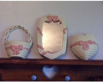 3 Piece 1993 Burwood for Home Interiors. Vintage Wall Décor Set Number 3238. 1 Sm Mirror, 1 Heart Pocket, & 1 Basket Pocket. Gift. Rdga