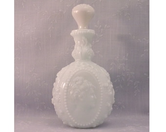 Fostoria Milk Glass Antique Dresser Bottle. Jenny Lind, Actress Head, or Lady’s Bust Vanity Decanter w Aqua Tint & Replaced Stopper. Rcsa