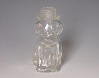 Vintage Figural Clear Pressed Glass Candy Container Poochie. 1948 to 1958 Toy Dog Hound Pup w Stippled Hat & Stough Mark on Base. VL7b ea181