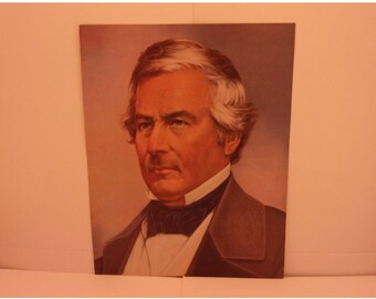 1970s Portraits of the Presidents. 13th Pres Millard Fillmore Vintage Color Poster & Educational Text. Unique Gift for Vintage Hunter. 13asd