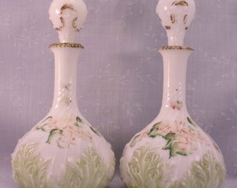 2 Milk Glass Antique Vanity Bottles w Flame Stoppers. Mt Washington Cologne Dresser Decanters w Leaf Design & Swirled Base. Cool Gift. qLka