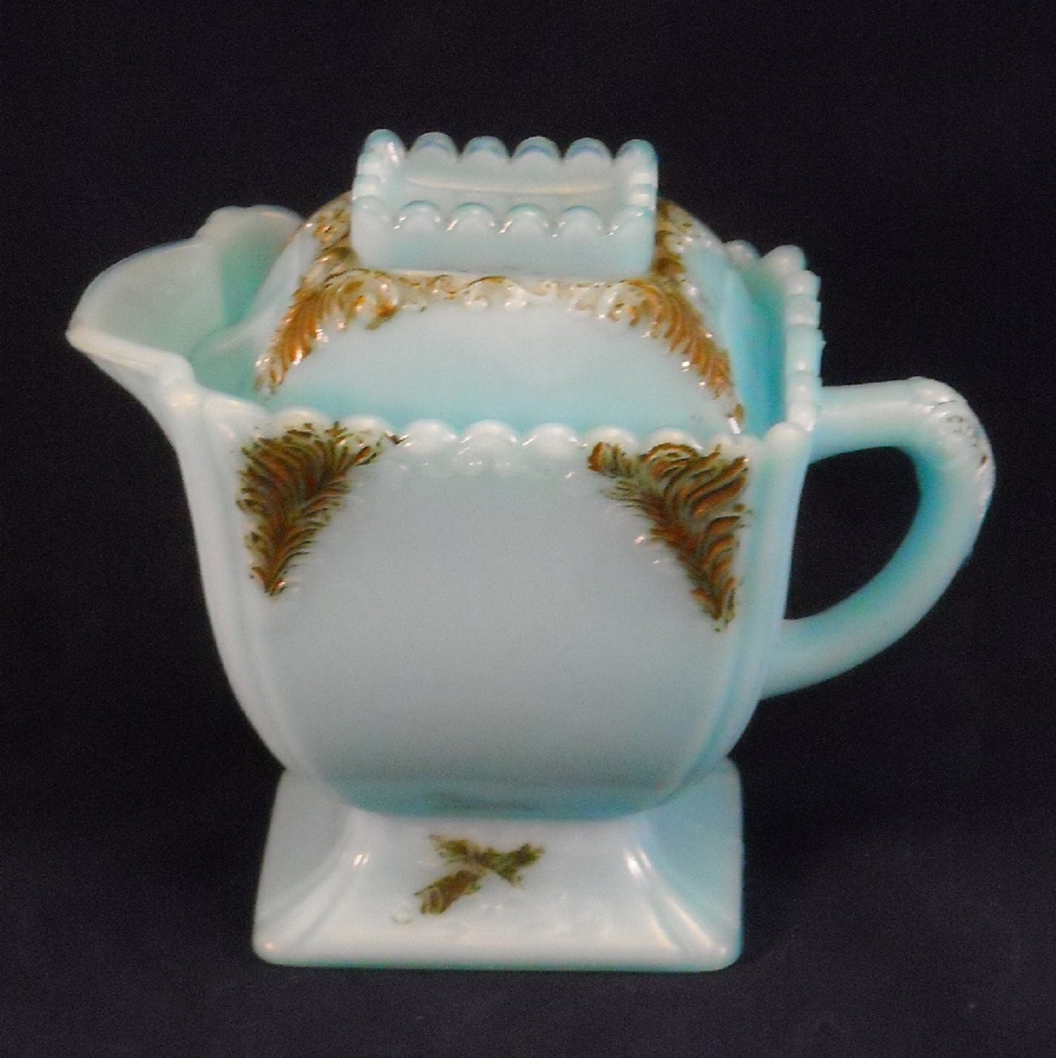 Antique Blue Milk Glass Covered Creamer Bowl & Lid W Scalloped Edge by