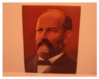 Vintage Portraits of the Presidents. 20th President James A Garfield 1970s Color Poster & Educational Text by Illustrator Sam Patrick. 20sc