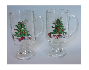 2 Tienshan Vintage Holiday Hostess or Noel Pattern. 1990s Glass Mugs with Christmas Tree, Holly & Berries, and Plain Base. Unique Gift. vijc