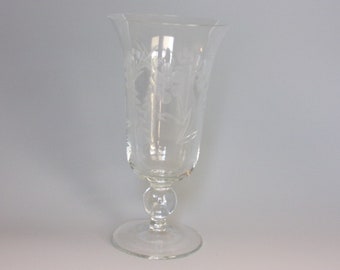 1950s Colony Danube Iced Tea Crystal Glass. Vintage Hand Blown and Etched Gray Cut Floral Design w Tulip Shaped Bowl & Ball Stem. Gift. Vh9a